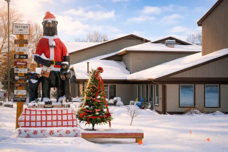 Nisswa Hotel & Suites winter exterior featuring our bear mascot dressed for the holidays