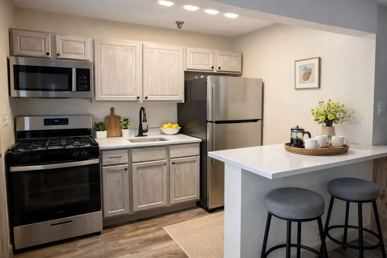 Modern boutique hotel kitchenette in Nisswa MN with stainless steel appliances and breakfast bar.