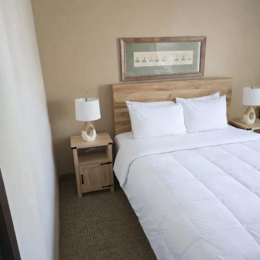 Single queen hotel room at Nisswa Hotel & Suites in Nisswa MN with comfortable bed and bedside lighting