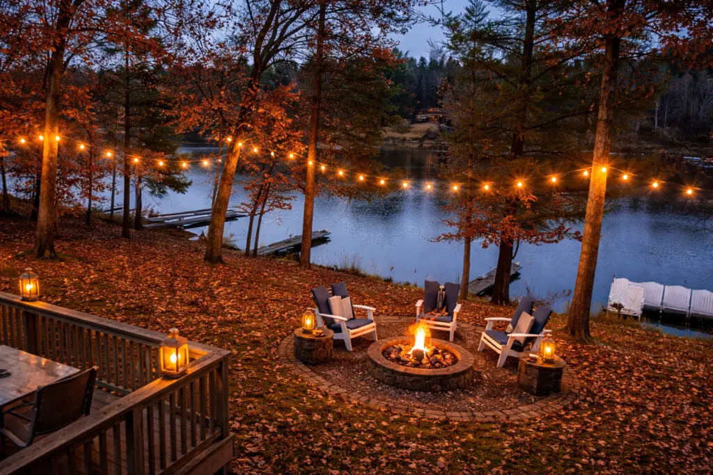 Lakefront fire pit at twilight in Crosslake Minnesota with string lights and waterfront views